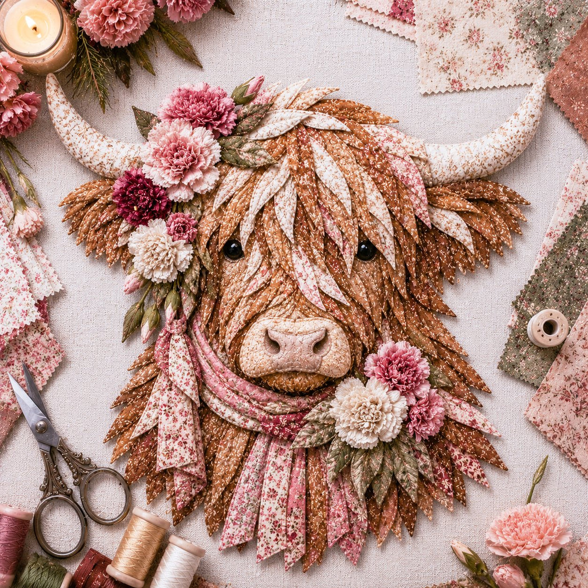 🐮💐🌸 Birth Flower Highland Cow 3D Layered Fabric Art DIY Kit (Beginner-friendly) 🔥 Buy 2 Free Shipping