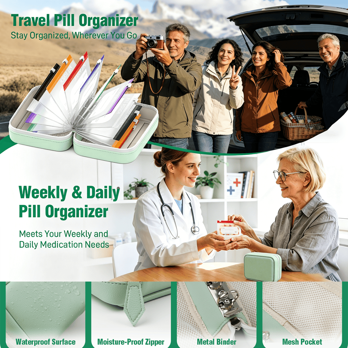💊 A8 Waterproof Pill Pouch Set – Large Weekly Travel Medicine Organizer